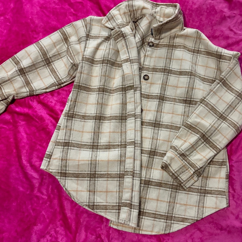 Zaful Cream and Brown Plaid Button Down Top